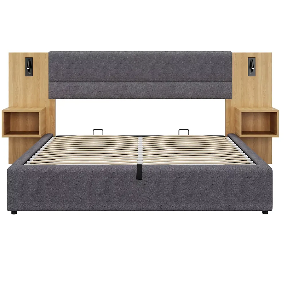 Okwish Lit coffre 180x200 cm double capitonné avec grandes oreilles, 2 tables de nuit, coffre de rangement, velours gris, sans matelas* Lit Coffre