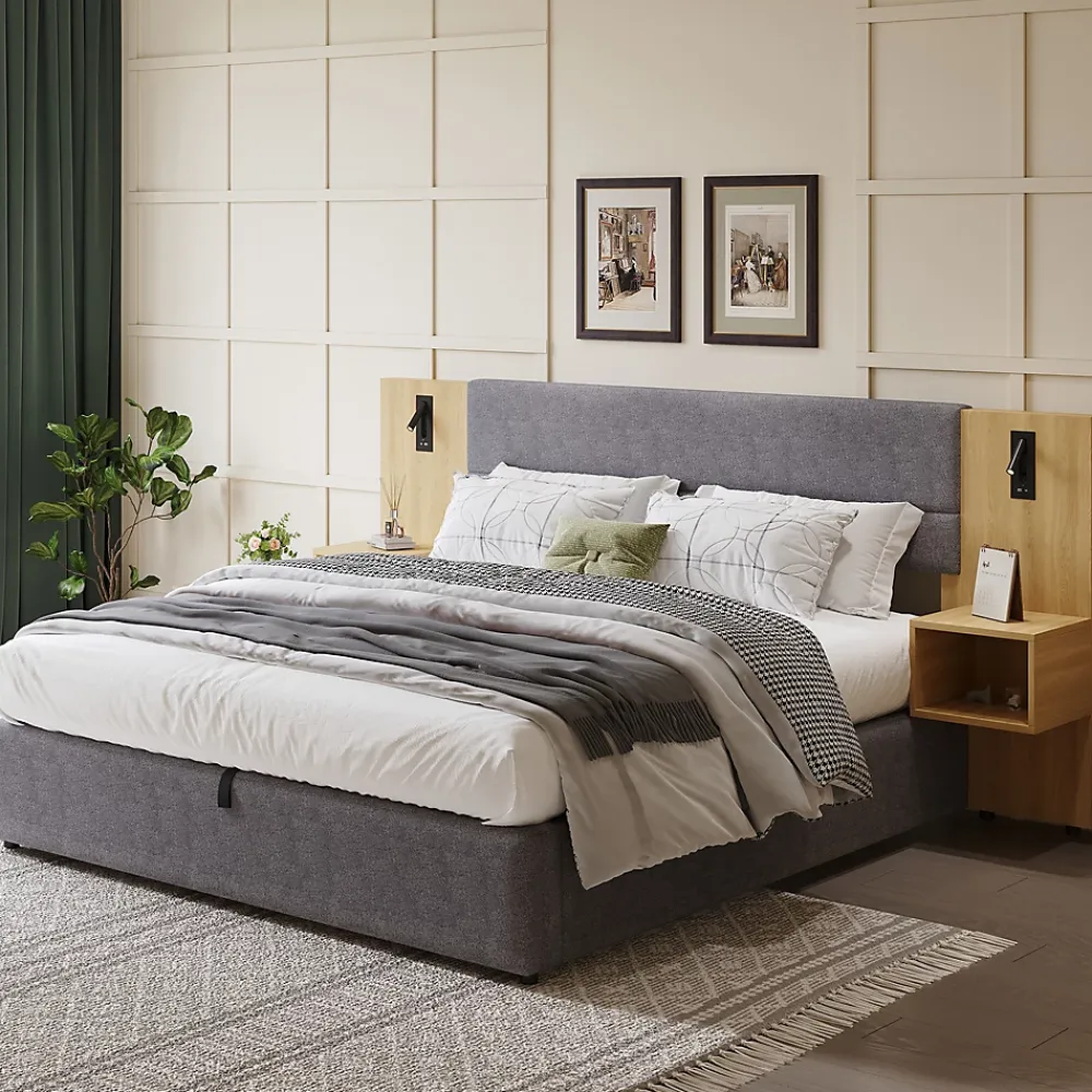 Okwish Lit coffre 180x200 cm double capitonné avec grandes oreilles, 2 tables de nuit, coffre de rangement, velours gris, sans matelas* Lit Coffre