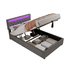 Okwish Lit coffre 140x200 cm double capitonné avec LED télécommande et ports USB-C, structure lin MDF gris, sans matelas* Lit Coffre