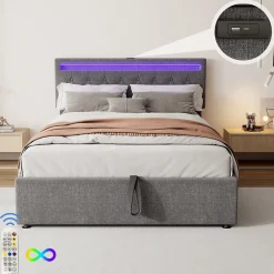 Okwish Lit coffre 140x200 cm double capitonné avec LED télécommande et ports USB-C, structure lin MDF gris, sans matelas* Lit Coffre