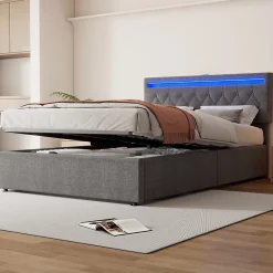 Okwish Lit coffre 140x200 cm double capitonné avec LED télécommande et ports USB-C, structure lin MDF gris, sans matelas* Lit Coffre