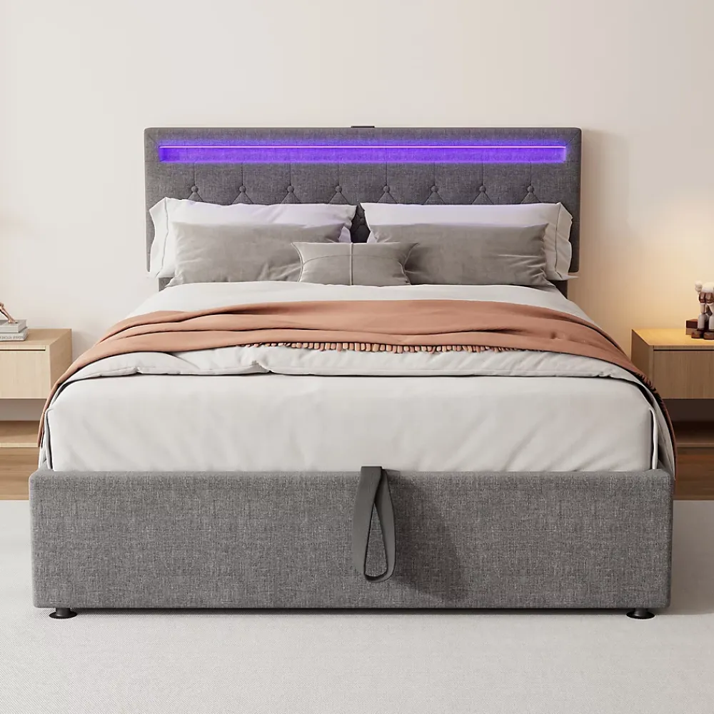 Okwish Lit coffre 140x200 cm double capitonné avec LED télécommande et ports USB-C, structure lin MDF gris, sans matelas* Lit Coffre