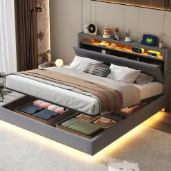 Lit Coffre 160x200 cm, Double Rembourré en Tissu Lin avec LED et Port USB, Coffre de Rangement Hydraulique - Gris - Sans Matelas>Okwish
