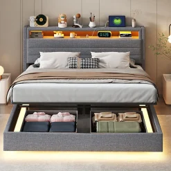 Lit Coffre 160x200 cm, Double Rembourré en Tissu Lin avec LED et Port USB, Coffre de Rangement Hydraulique - Gris - Sans Matelas><noscript><img width=