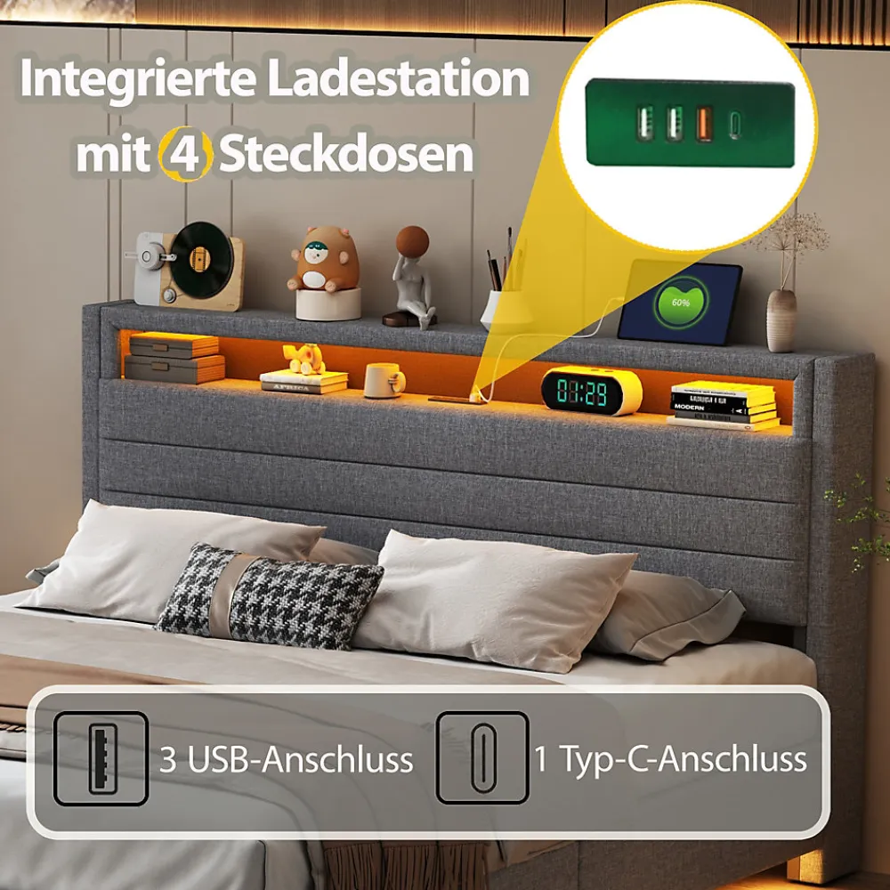 Lit Coffre 160x200 cm, Double Rembourré en Tissu Lin avec LED et Port USB, Coffre de Rangement Hydraulique - Gris - Sans Matelas>Okwish