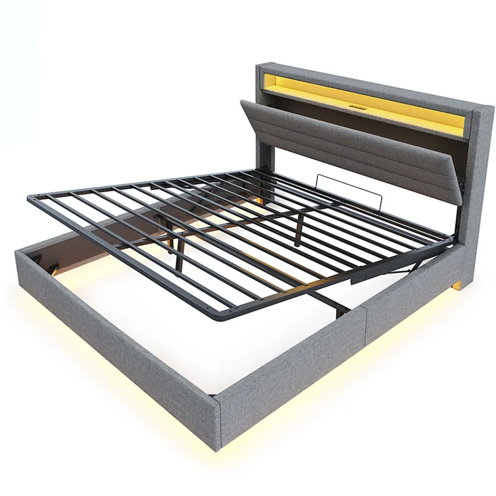 Lit Coffre 160x200 cm, Double Rembourré en Tissu Lin avec LED et Port USB, Coffre de Rangement Hydraulique - Gris - Sans Matelas>Okwish