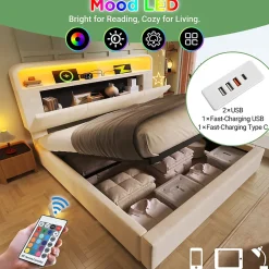 Okwish Lit coffre 140x190 cm double rembourré avec tête de lit réglable, LED intégrée, charge USB/Type-C, velours beige - Sans matelas* Lit Coffre