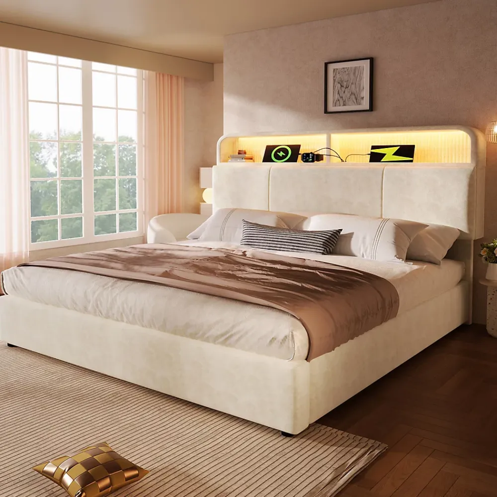 Okwish Lit coffre 140x190 cm double rembourré avec tête de lit réglable, LED intégrée, charge USB/Type-C, velours beige - Sans matelas* Lit Coffre