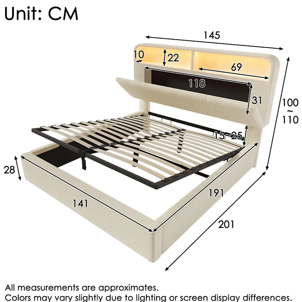 Okwish Lit coffre 140x190 cm double rembourré avec tête de lit réglable, LED intégrée, charge USB/Type-C, velours beige - Sans matelas* Lit Coffre