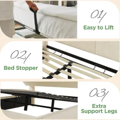Okwish Lit coffre 140x190 cm double rembourré avec tête de lit réglable, LED intégrée, charge USB/Type-C, velours beige - Sans matelas* Lit Coffre