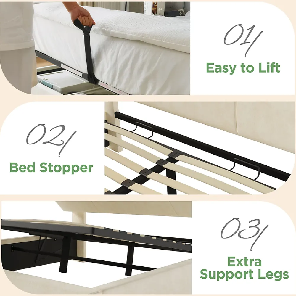 Okwish Lit coffre 140x190 cm double rembourré avec tête de lit réglable, LED intégrée, charge USB/Type-C, velours beige - Sans matelas* Lit Coffre