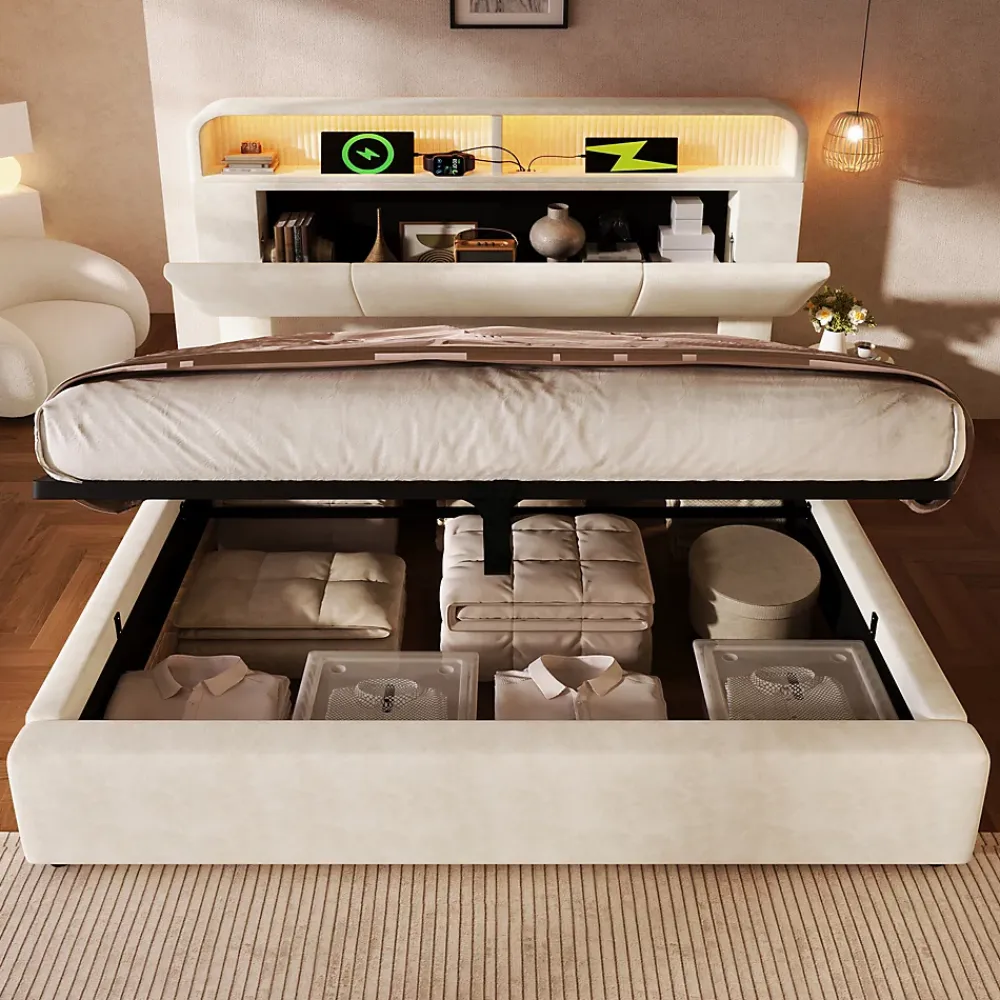 Okwish Lit coffre 140x190 cm double rembourré avec tête de lit réglable, LED intégrée, charge USB/Type-C, velours beige - Sans matelas* Lit Coffre