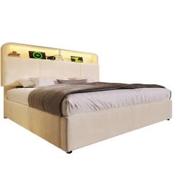 Okwish Lit coffre 140x190 cm double rembourré avec tête de lit réglable, LED intégrée, charge USB/Type-C, velours beige - Sans matelas* Lit Coffre