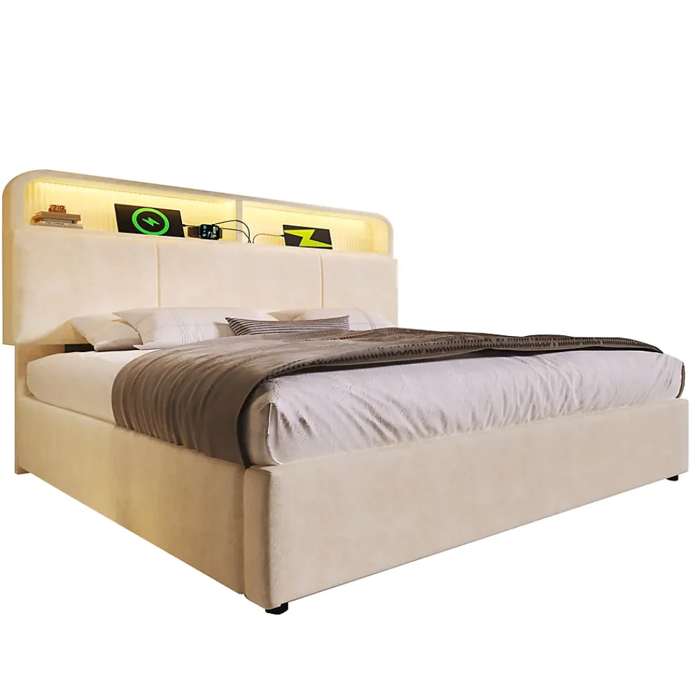 Okwish Lit coffre 140x190 cm double rembourré avec tête de lit réglable, LED intégrée, charge USB/Type-C, velours beige - Sans matelas* Lit Coffre