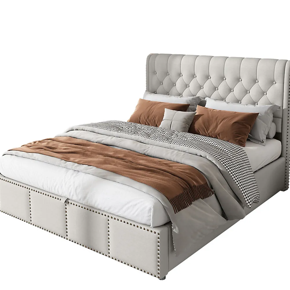 Redom Lit coffre 160x200 cm en lin-coton, tête 102,5 cm, clous décoratifs, rangement intégré, sans matelas, gris* Lit Avec Rangement