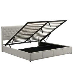 Redom Lit coffre 160x200 cm en lin-coton, tête 102,5 cm, clous décoratifs, rangement intégré, sans matelas, gris* Lit Avec Rangement