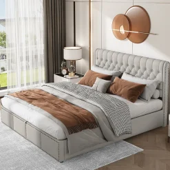 Redom Lit coffre 160x200 cm en lin-coton, tête 102,5 cm, clous décoratifs, rangement intégré, sans matelas, gris* Lit Avec Rangement