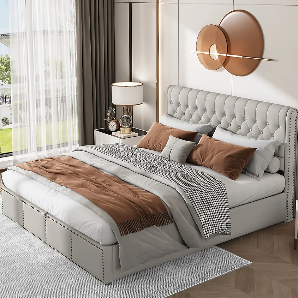 Redom Lit coffre 160x200 cm en lin-coton, tête 102,5 cm, clous décoratifs, rangement intégré, sans matelas, gris* Lit Avec Rangement