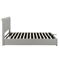 Redom Lit coffre 160x200 cm en lin-coton, tête 102,5 cm, clous décoratifs, rangement intégré, sans matelas, gris* Lit Avec Rangement