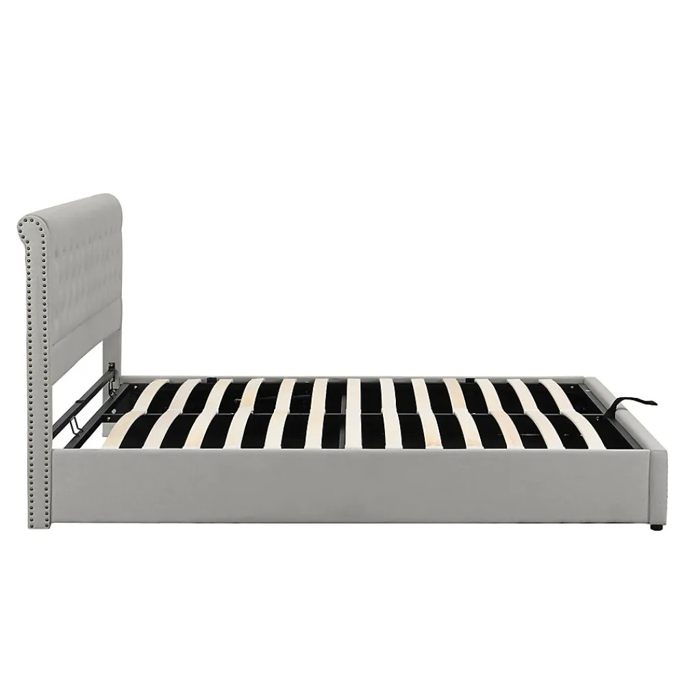 Redom Lit coffre 160x200 cm en lin-coton, tête 102,5 cm, clous décoratifs, rangement intégré, sans matelas, gris* Lit Avec Rangement