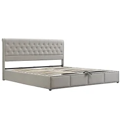 Redom Lit coffre 160x200 cm en lin-coton, tête 102,5 cm, clous décoratifs, rangement intégré, sans matelas, gris* Lit Avec Rangement