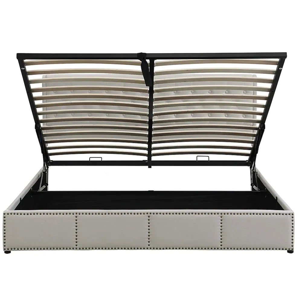 Redom Lit coffre 160x200 cm en lin-coton, tête 102,5 cm, clous décoratifs, rangement intégré, sans matelas, gris* Lit Avec Rangement