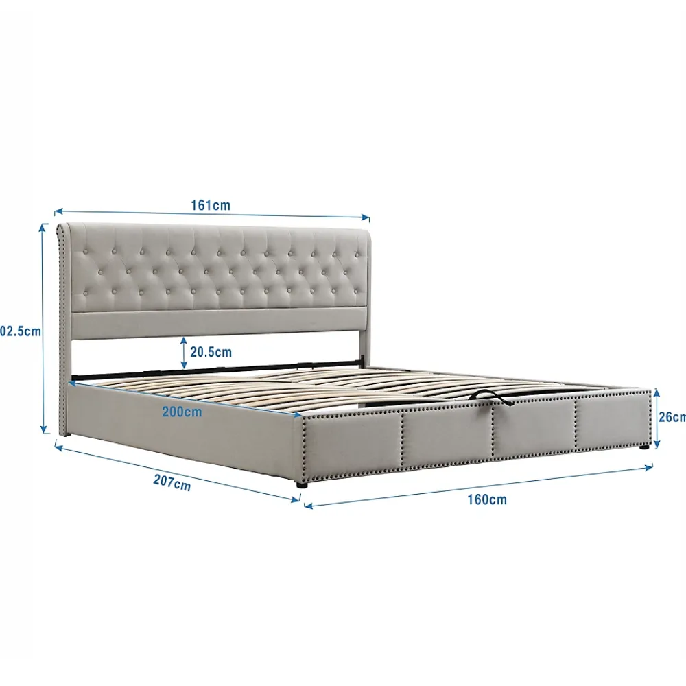 Redom Lit coffre 160x200 cm en lin-coton, tête 102,5 cm, clous décoratifs, rangement intégré, sans matelas, gris* Lit Avec Rangement