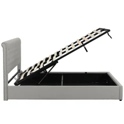 Redom Lit coffre 160x200 cm en lin-coton, tête 102,5 cm, clous décoratifs, rangement intégré, sans matelas, gris* Lit Avec Rangement