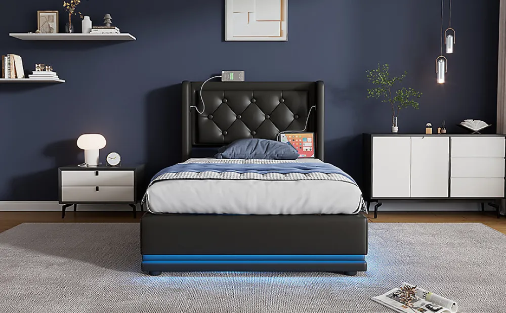 Redom Lit coffre 90x200 cm en PU noir tête capitonnée, rangement hydraulique, LED 3 côtés et port USB-C* Lit Avec Rangement