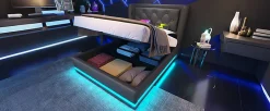Redom Lit coffre 90x200 cm en PU noir tête capitonnée, rangement hydraulique, LED 3 côtés et port USB-C* Lit Avec Rangement