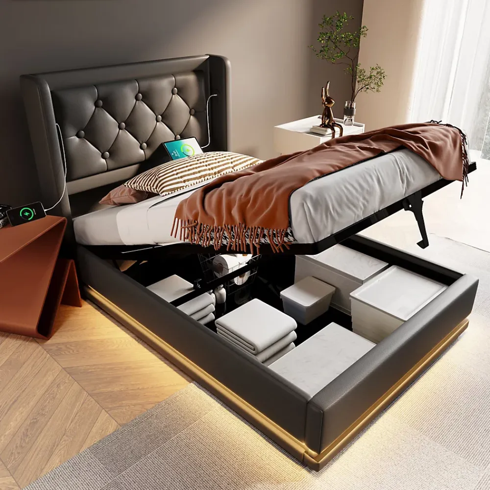 Redom Lit coffre 90x200 cm en PU noir tête capitonnée, rangement hydraulique, LED 3 côtés et port USB-C* Lit Avec Rangement