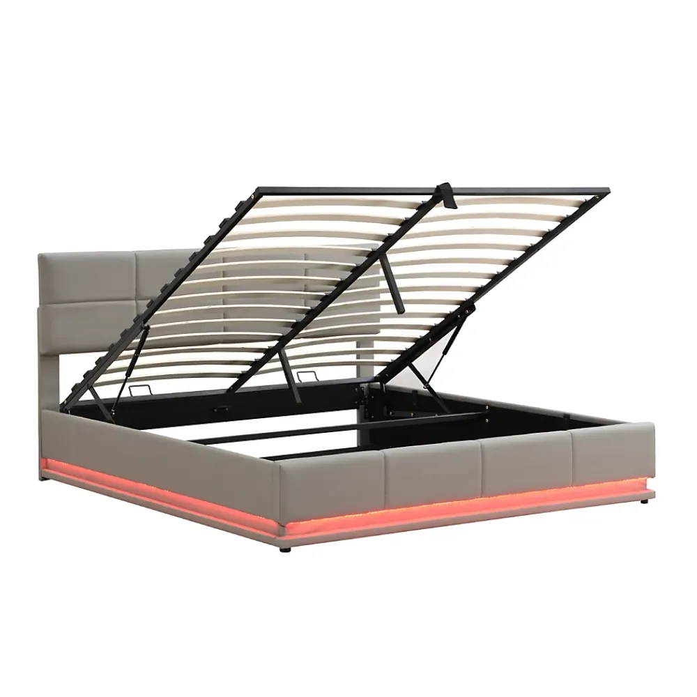 ProximaX Lit coffre 180x200 cm en simili cuir PU gris clair, LED, capitonné, relevable hydraulique avec sommier à lattes et tête de lit* Lit Coffre