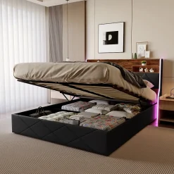ProximaX Lit coffre 160x200 cm en simili cuir noir et chêne clair, tête de lit avec rangements, prises USB et bandes LED* Lit Coffre