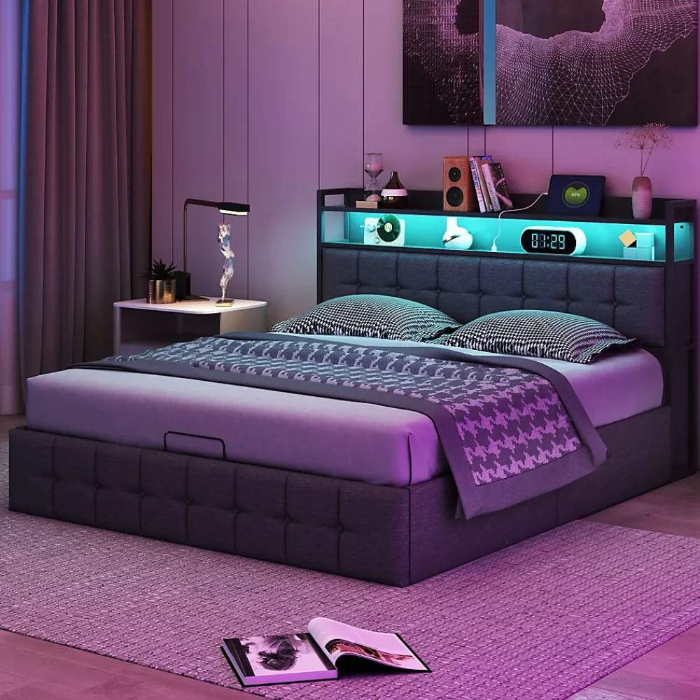 ProximaX Lit coffre 140x190 cm en similicuir avec LED RGB, tête de lit avec prises USB/Type-C et rangements intégrés, Gris* Lit Coffre