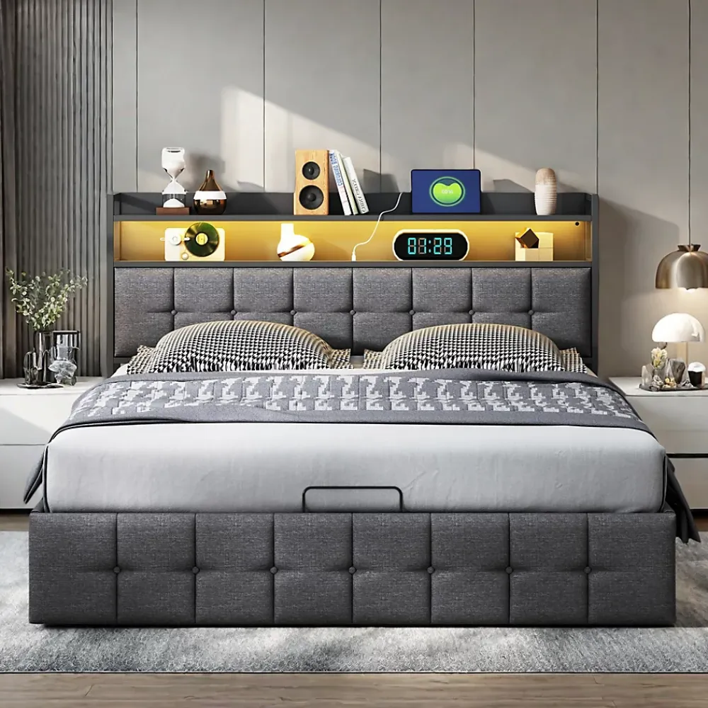ProximaX Lit coffre 140x190 cm en similicuir avec LED RGB, tête de lit avec prises USB/Type-C et rangements intégrés, Gris* Lit Coffre