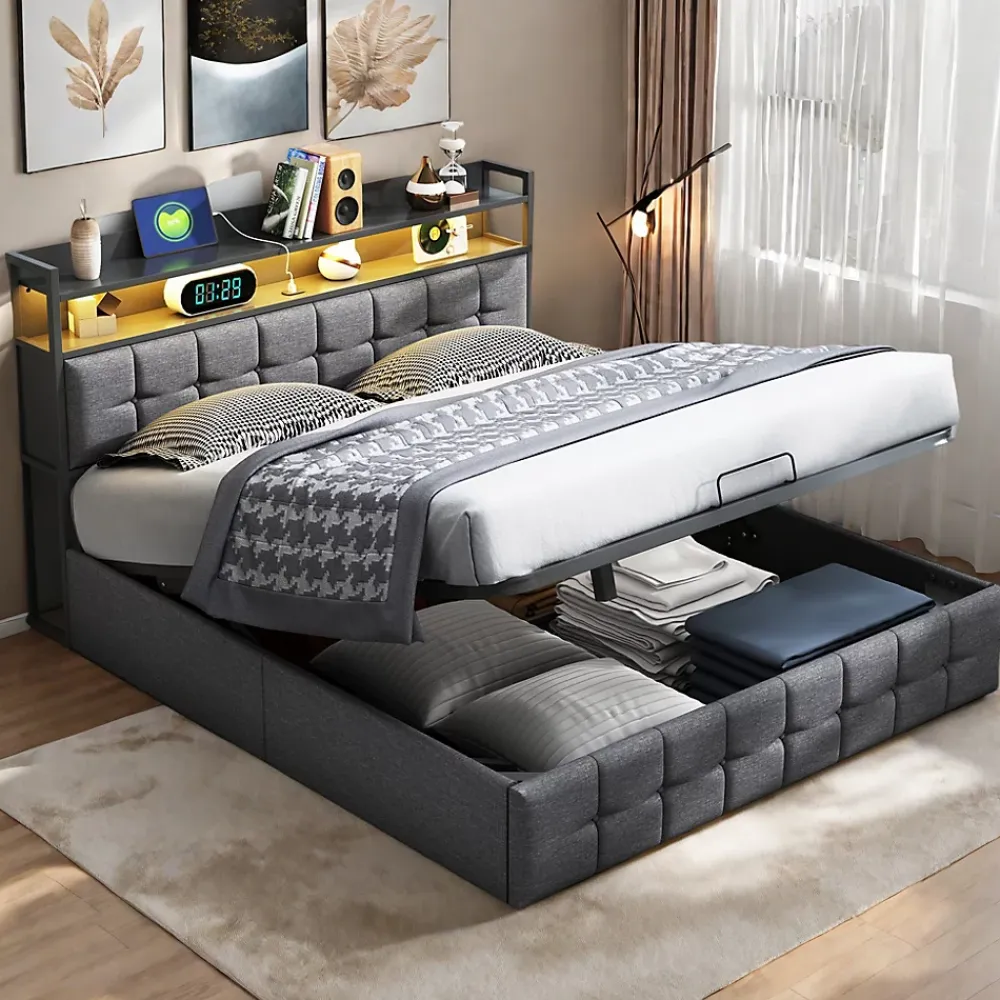 ProximaX Lit coffre 140x190 cm en similicuir avec LED RGB, tête de lit avec prises USB/Type-C et rangements intégrés, Gris* Lit Coffre