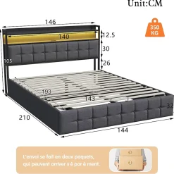 ProximaX Lit coffre 140x190 cm en similicuir avec LED RGB, tête de lit avec prises USB/Type-C et rangements intégrés, Gris* Lit Coffre