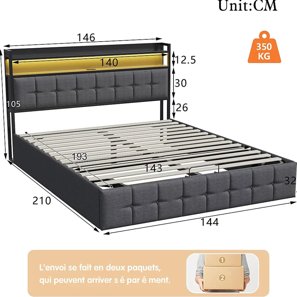 ProximaX Lit coffre 140x190 cm en similicuir avec LED RGB, tête de lit avec prises USB/Type-C et rangements intégrés, Gris* Lit Coffre
