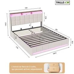 ProximaX Lit Coffre 160x200 cm en Tissu avec Rangement, Tête de Lit avec LED, USB et Type-C, Sommier Relevable à Vérins, Beige* Lit Coffre