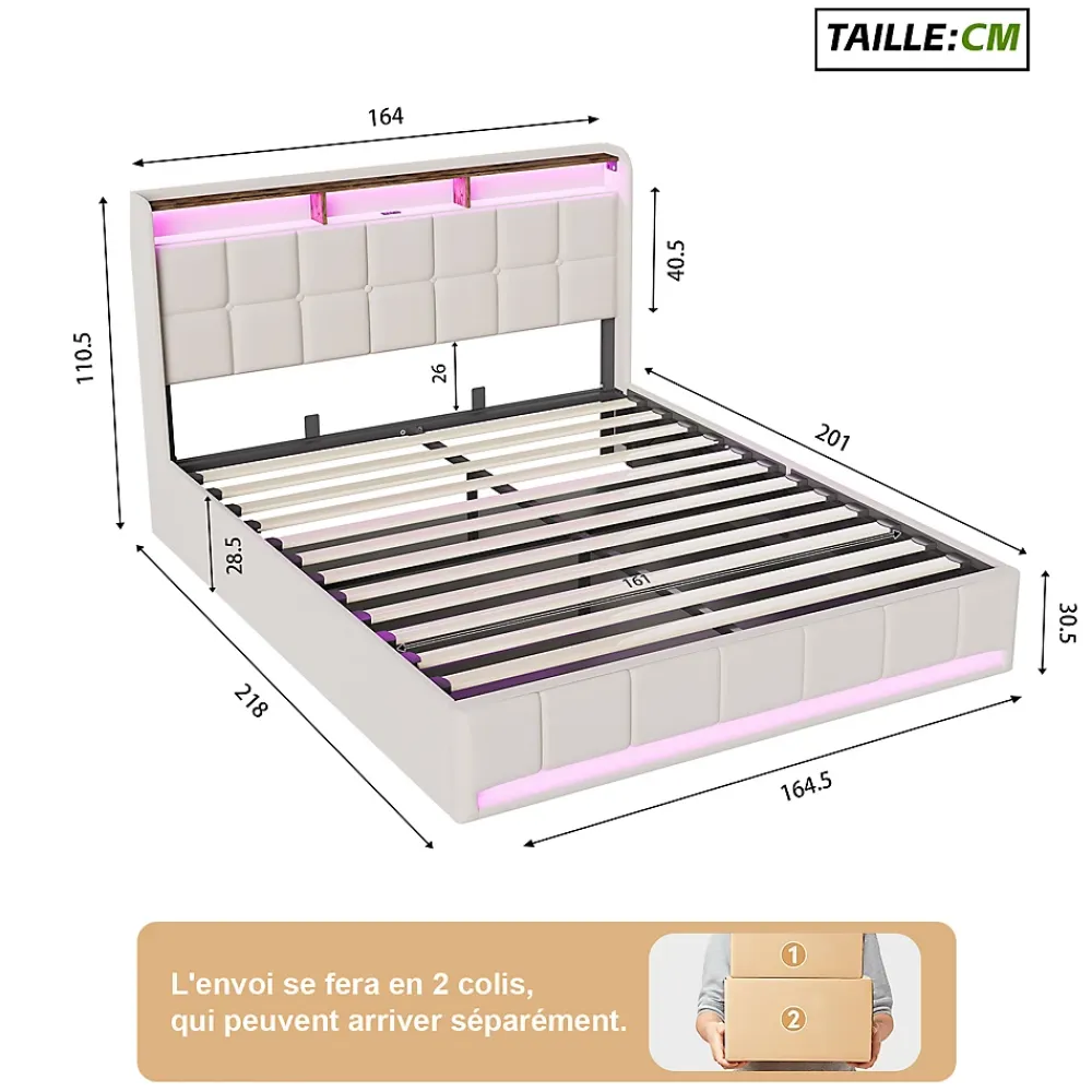 ProximaX Lit Coffre 160x200 cm en Tissu avec Rangement, Tête de Lit avec LED, USB et Type-C, Sommier Relevable à Vérins, Beige* Lit Coffre