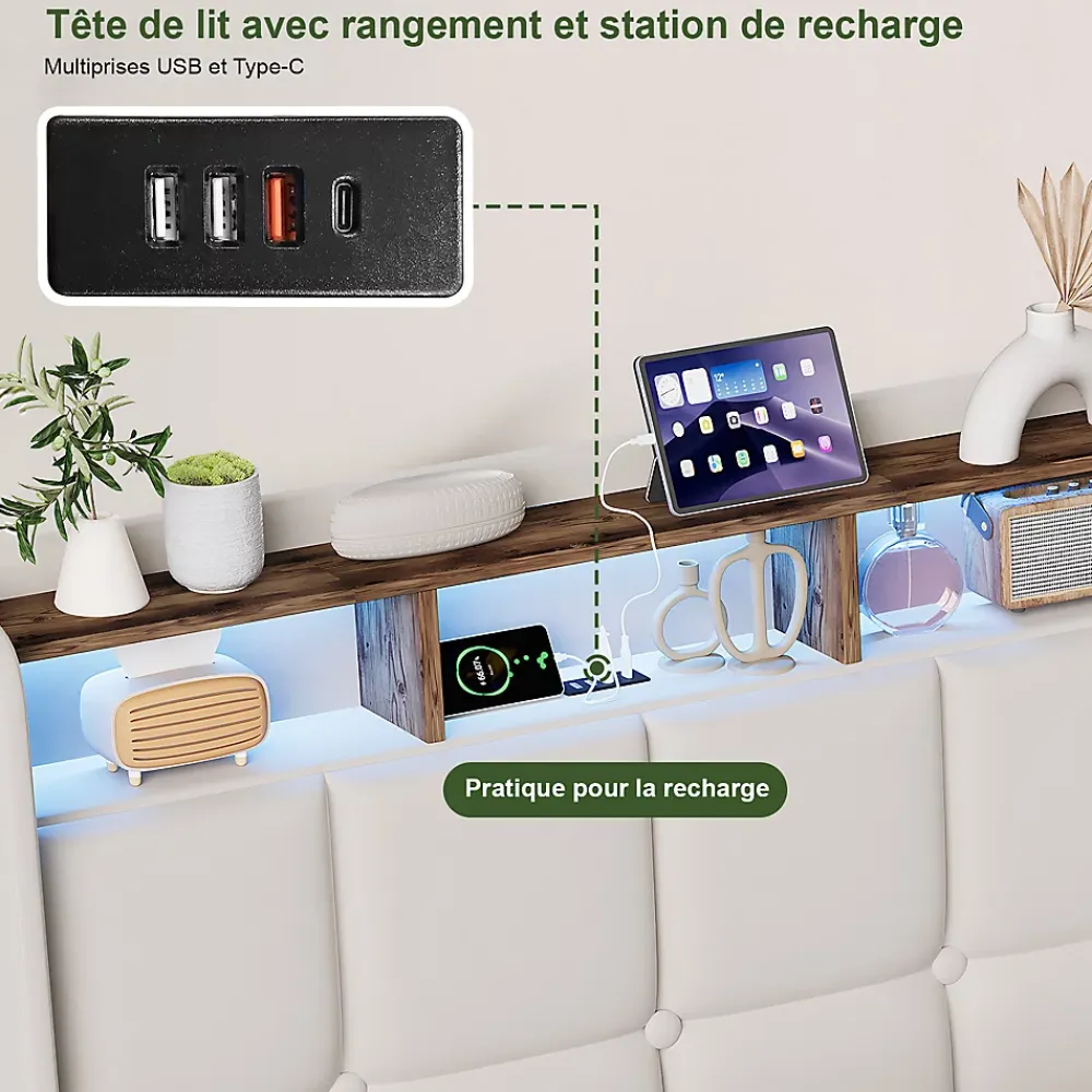 ProximaX Lit Coffre 160x200 cm en Tissu avec Rangement, Tête de Lit avec LED, USB et Type-C, Sommier Relevable à Vérins, Beige* Lit Coffre