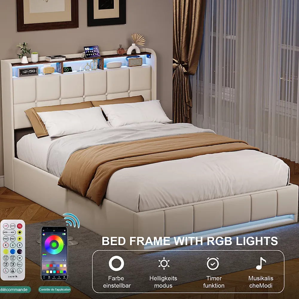 ProximaX Lit Coffre 160x200 cm en Tissu avec Rangement, Tête de Lit avec LED, USB et Type-C, Sommier Relevable à Vérins, Beige* Lit Coffre