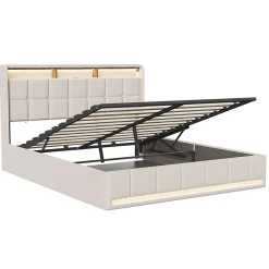 ProximaX Lit Coffre 160x200 cm en Tissu avec Rangement, Tête de Lit avec LED, USB et Type-C, Sommier Relevable à Vérins, Beige* Lit Coffre