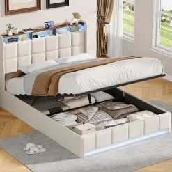 ProximaX Lit Coffre 160x200 cm en Tissu avec Rangement, Tête de Lit avec LED, USB et Type-C, Sommier Relevable à Vérins, Beige* Lit Coffre