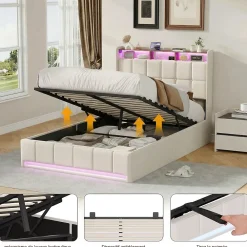 ProximaX Lit Coffre 160x200 cm en Tissu avec Rangement, Tête de Lit avec LED, USB et Type-C, Sommier Relevable à Vérins, Beige* Lit Coffre