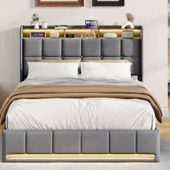 Lit Coffre 140x190 cm en Tissu avec Rangement, LED, USB et Type-C, lit double avec Sommier Relevable à Vérins, Gris>ProximaX Online