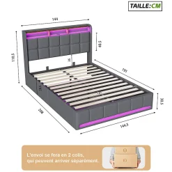 Lit Coffre 140x190 cm en Tissu avec Rangement, LED, USB et Type-C, lit double avec Sommier Relevable à Vérins, Gris><noscript><img width=