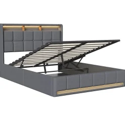 Lit Coffre 140x190 cm en Tissu avec Rangement, LED, USB et Type-C, lit double avec Sommier Relevable à Vérins, Gris><noscript><img width=