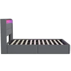 Lit Coffre 140x190 cm en Tissu avec Rangement, LED, USB et Type-C, lit double avec Sommier Relevable à Vérins, Gris><noscript><img width=
