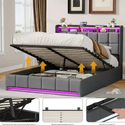 Lit Coffre 140x190 cm en Tissu avec Rangement, LED, USB et Type-C, lit double avec Sommier Relevable à Vérins, Gris><noscript><img width=